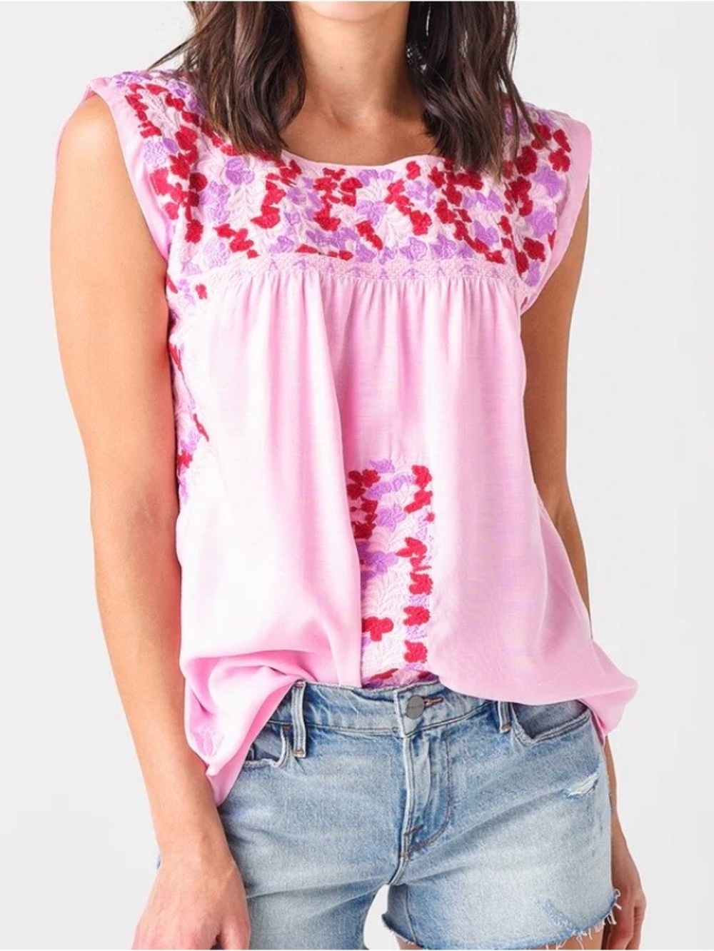 J. MARIE The Valentina Top boho floral embroidered square neck sleeveless XS